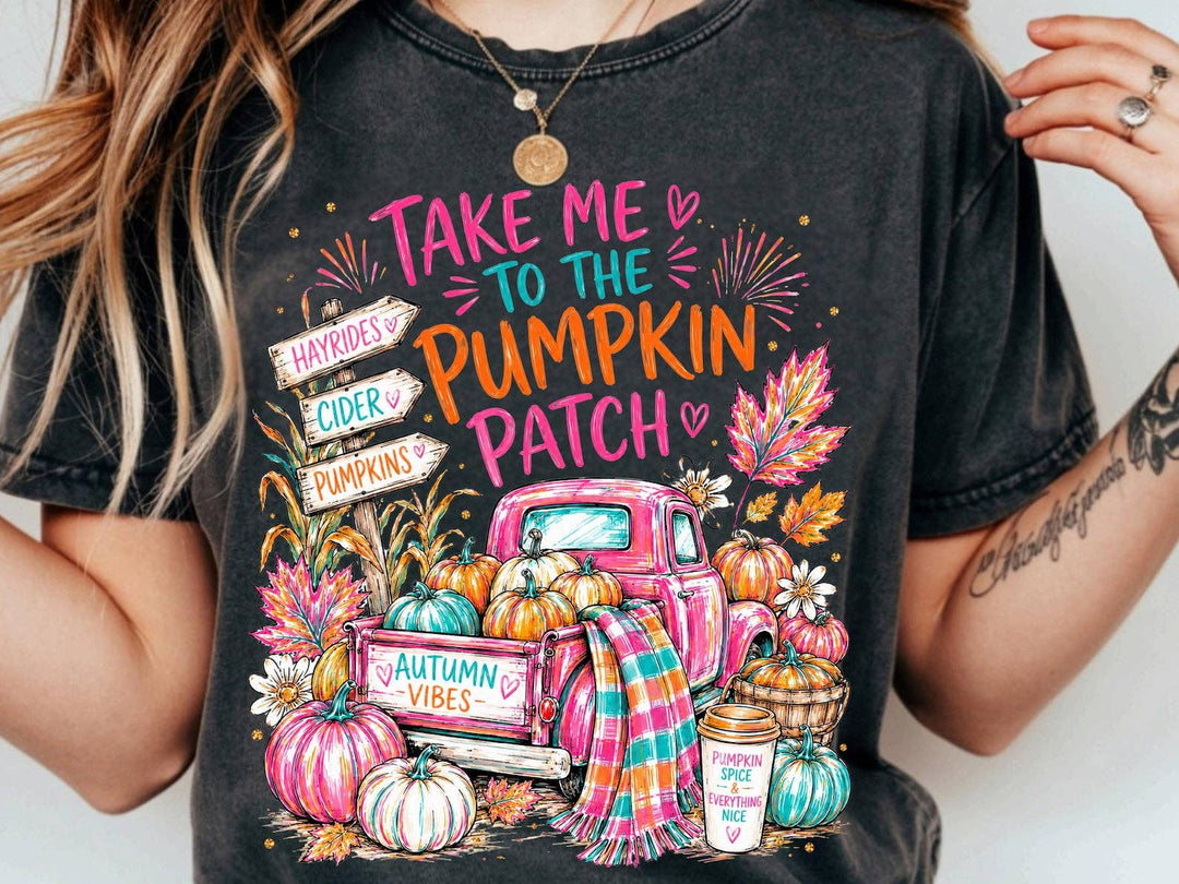 Take Me To The Pumpkin Patch - Graphic Unisex Tee: Large Pepper Comfort Color Tee