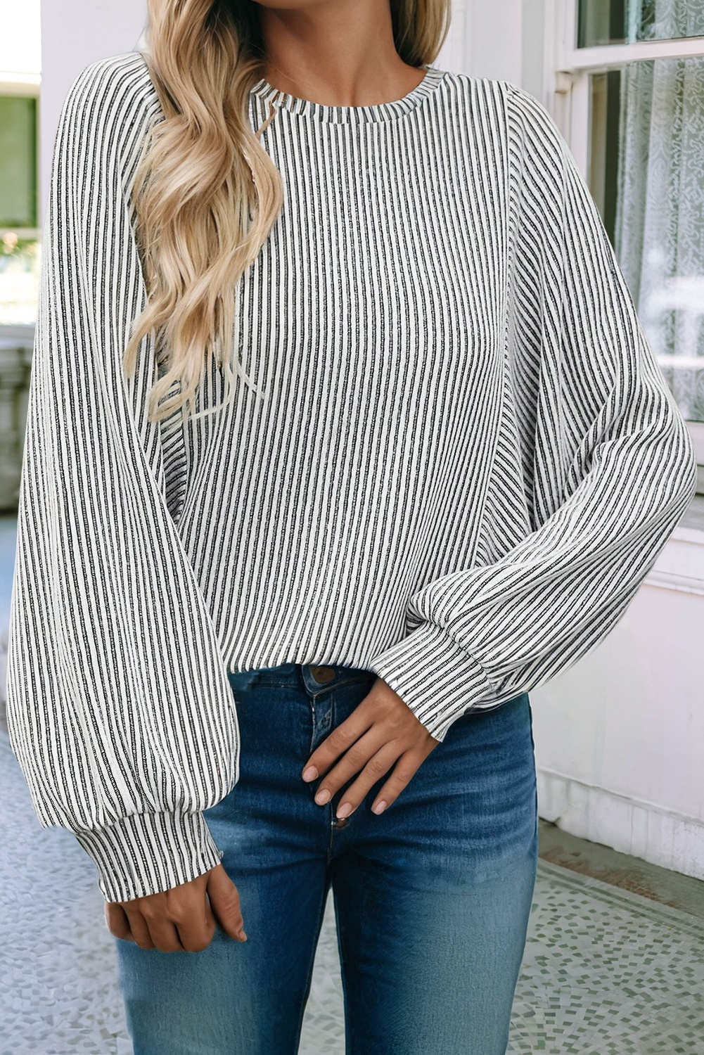 LDC Ribbed Knit Round Neck Long Lantern Sleeve Top