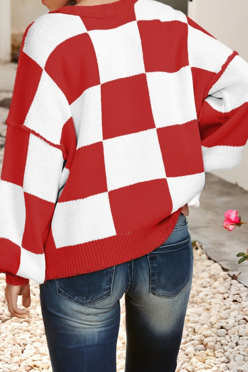 LDC Checkered Bishop Sleeve Sweater: Fiery Red