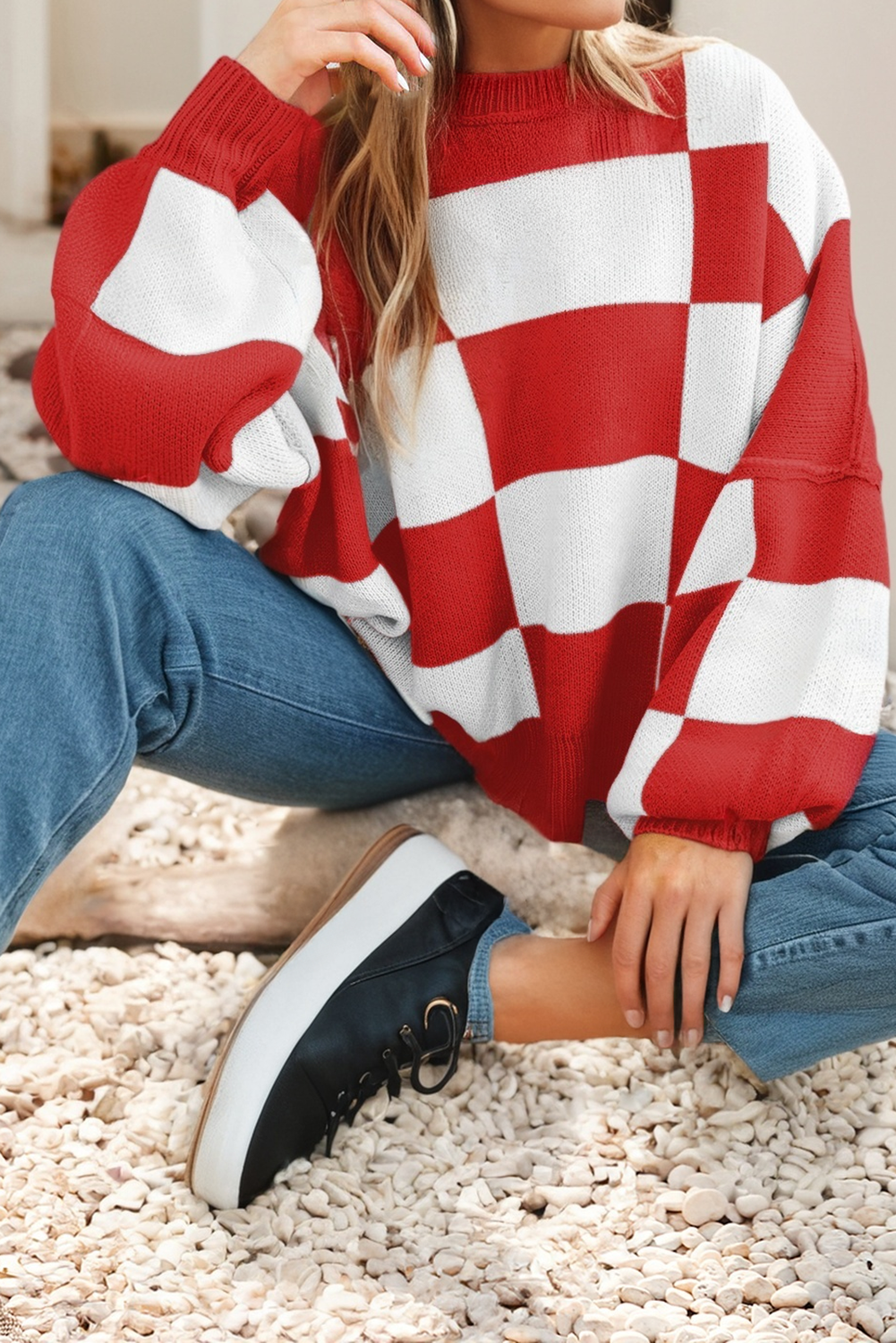 LDC Checkered Bishop Sleeve Sweater: Fiery Red