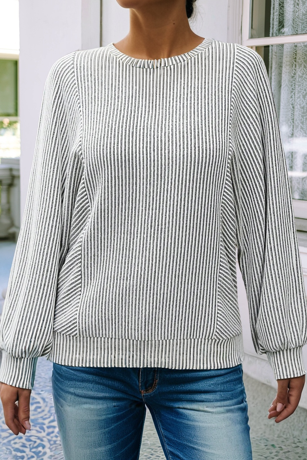 LDC Ribbed Knit Round Neck Long Lantern Sleeve Top