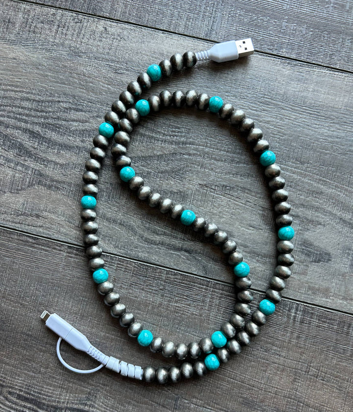 Turquoise Beaded Phone Charger with Lightning &amp; USB-C