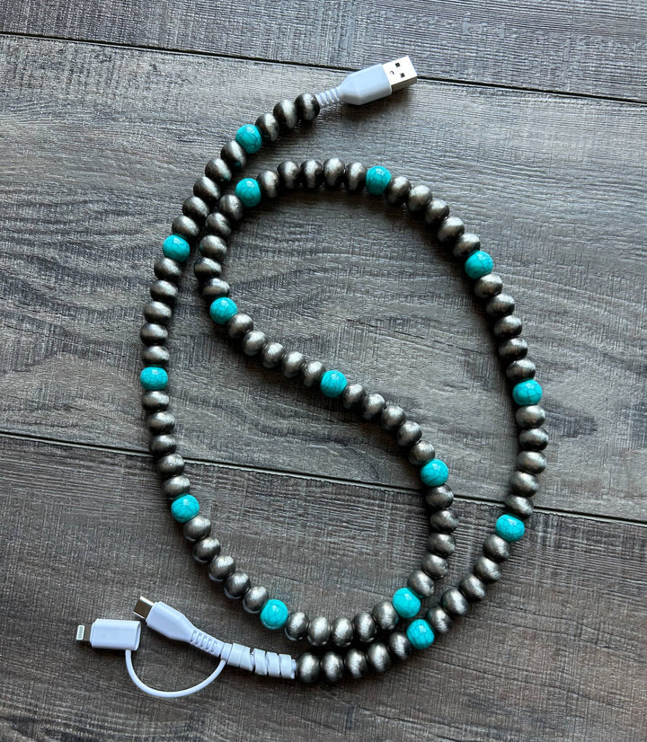 Turquoise Beaded Phone Charger with Lightning &amp; USB-C
