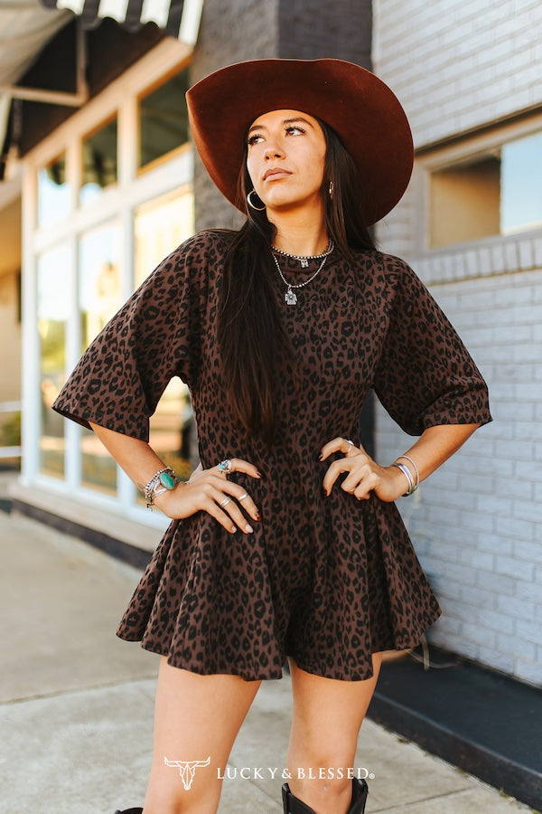 Brown Leopard Front Pocket Ruffle Romper