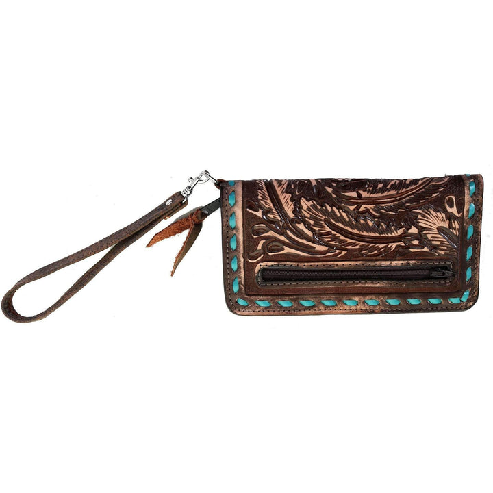 Brown Vintage Feather Tooled Ladies Zipper Wallet