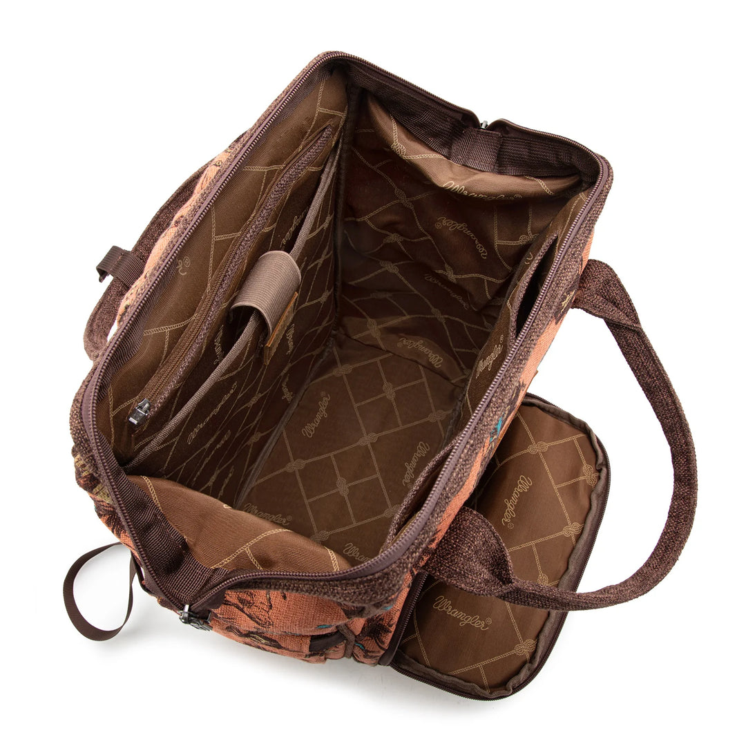 Wrangler Vintage Retro Cowboy Cool Print Backpack -Dark Brown