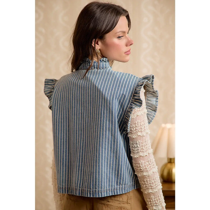 Striped Ruffle Sleeve Tie Front Chambray Vest