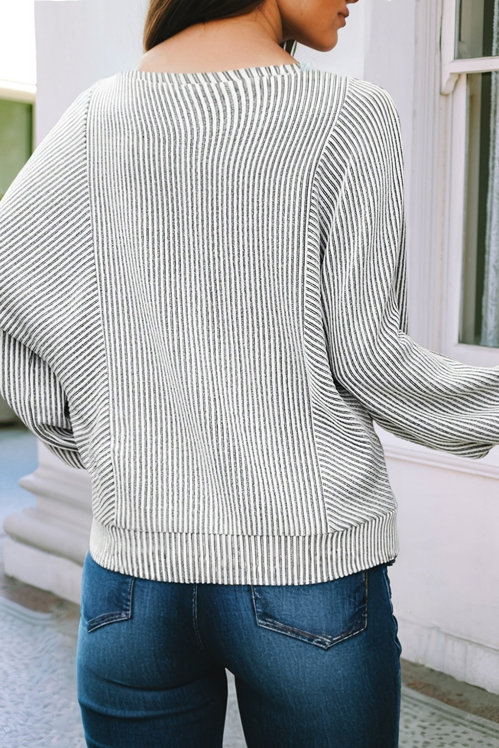 LDC Ribbed Knit Round Neck Long Lantern Sleeve Top