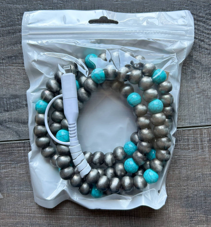 Turquoise Beaded Phone Charger with Lightning &amp; USB-C