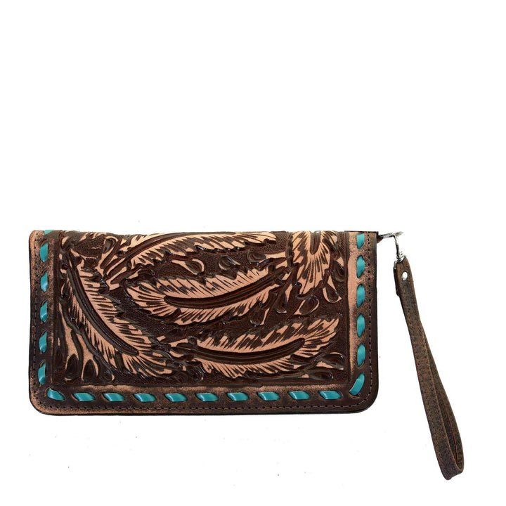 Brown Vintage Feather Tooled Ladies Zipper Wallet